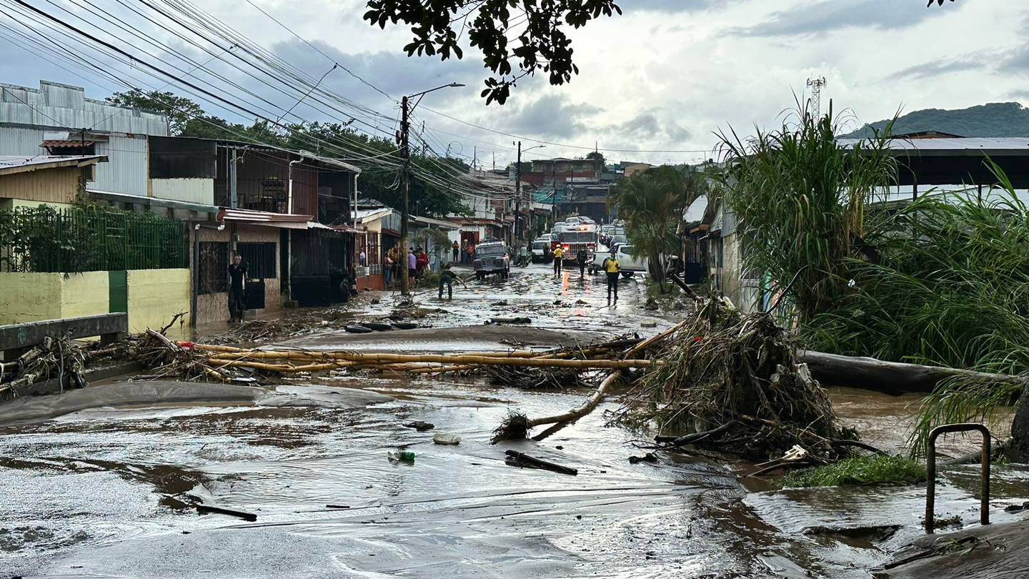 Palos, barrio y troncos son parte de lo que arrastró el río en barrio Jardín de Desamparados. Decenas de casas resultaron anegadas. Foto: Alonso Tenorio.