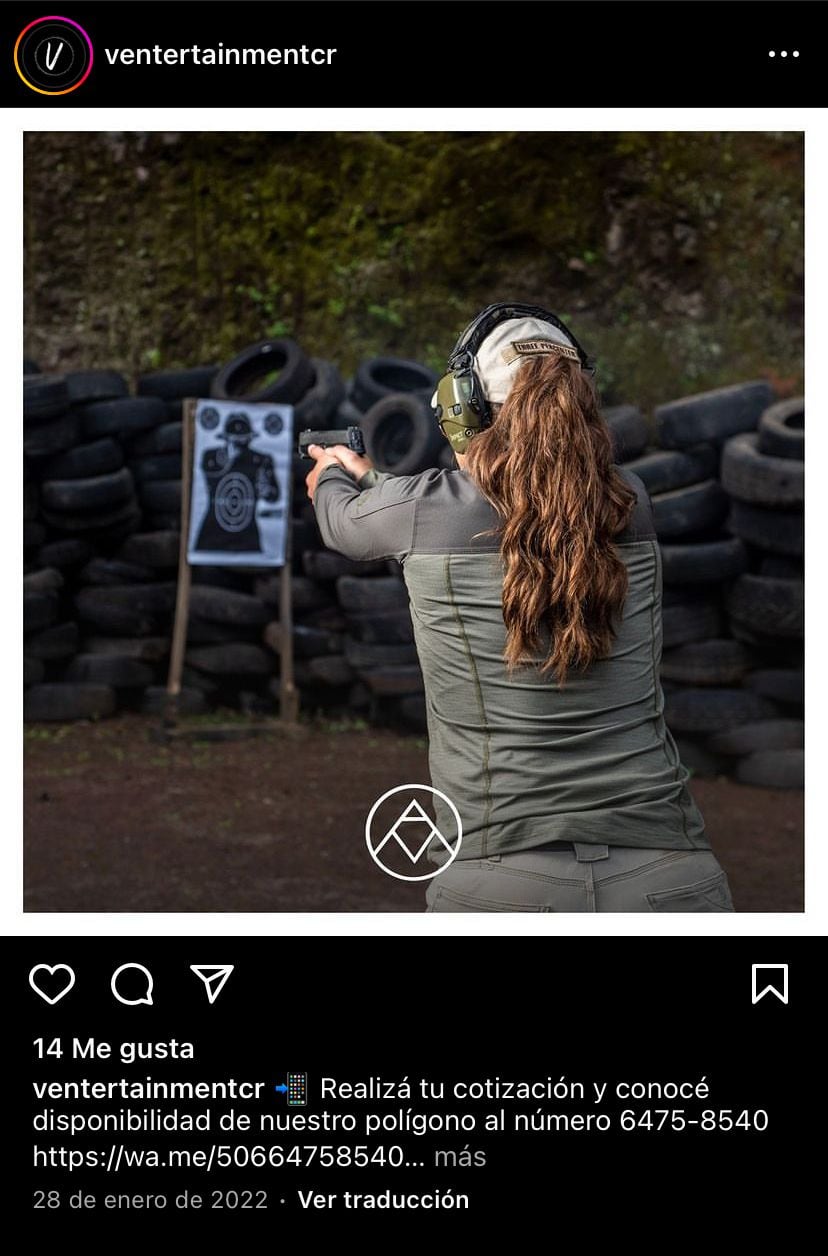 Así promociona V Entertainment sus polígonos de tiro en San José de la Montaña, en Barva de Heredia, en su perfil público en Instagram. Foto: Reproducción