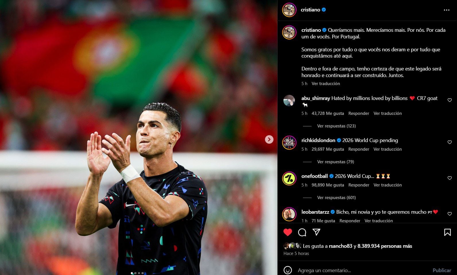 Cristiano utilizó sus redes sociales para agradecer a la afición que viajó a Alemania para apoyarlos.