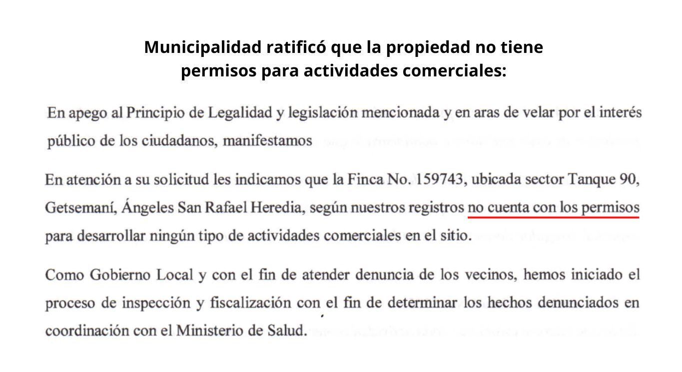Nota donde consta que la Municipalidad de San Rafael de Heredia no tiene aprobado ningún permiso de uso comercial para la propiedad en cuestión.