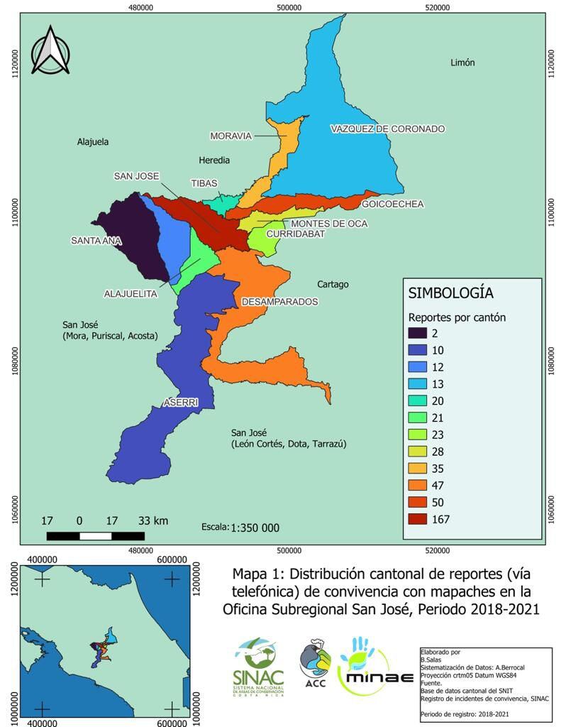 En este mapa se puede observar un registro de llamadas de avistamiento de mapaches en diferentes lugares del país. San José es la provincia que más llama al Sinac para reportar a estos animales.