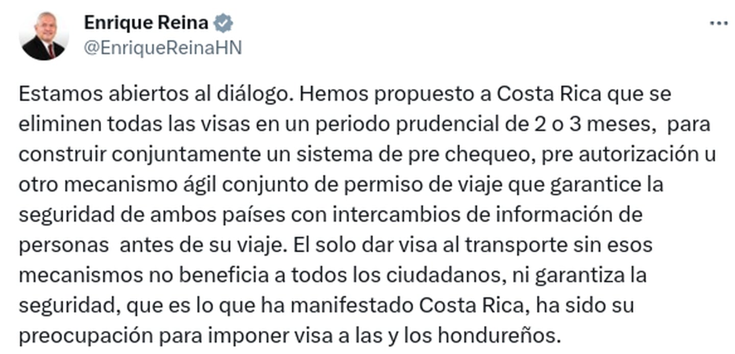 Publicación del canciller de Honduras, Enrique Reina, sobre el problema de visas con Costa Rica.