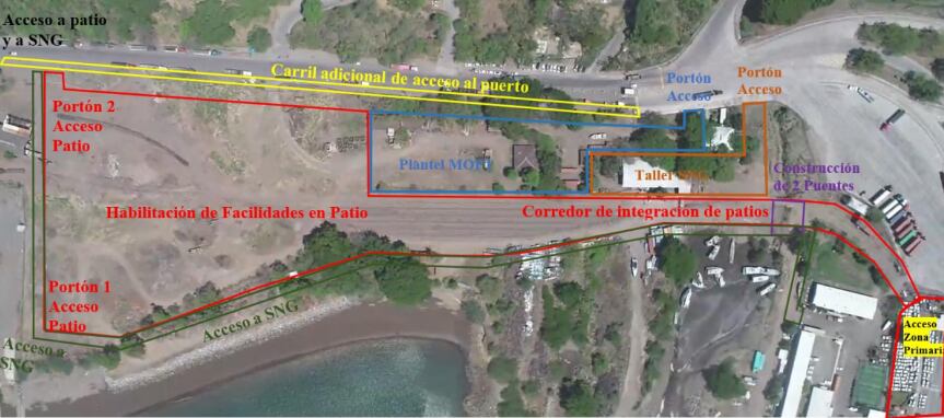 Vista de las áreas de Puerto Caldera que involucran el proyecto de acondicionamiento de los patios, vinculado a la operación del ferri en la ruta Caldera-Puerto La Unión en El Salvador. (Captura de pantalla del documento de términos de referencia de la licitación).