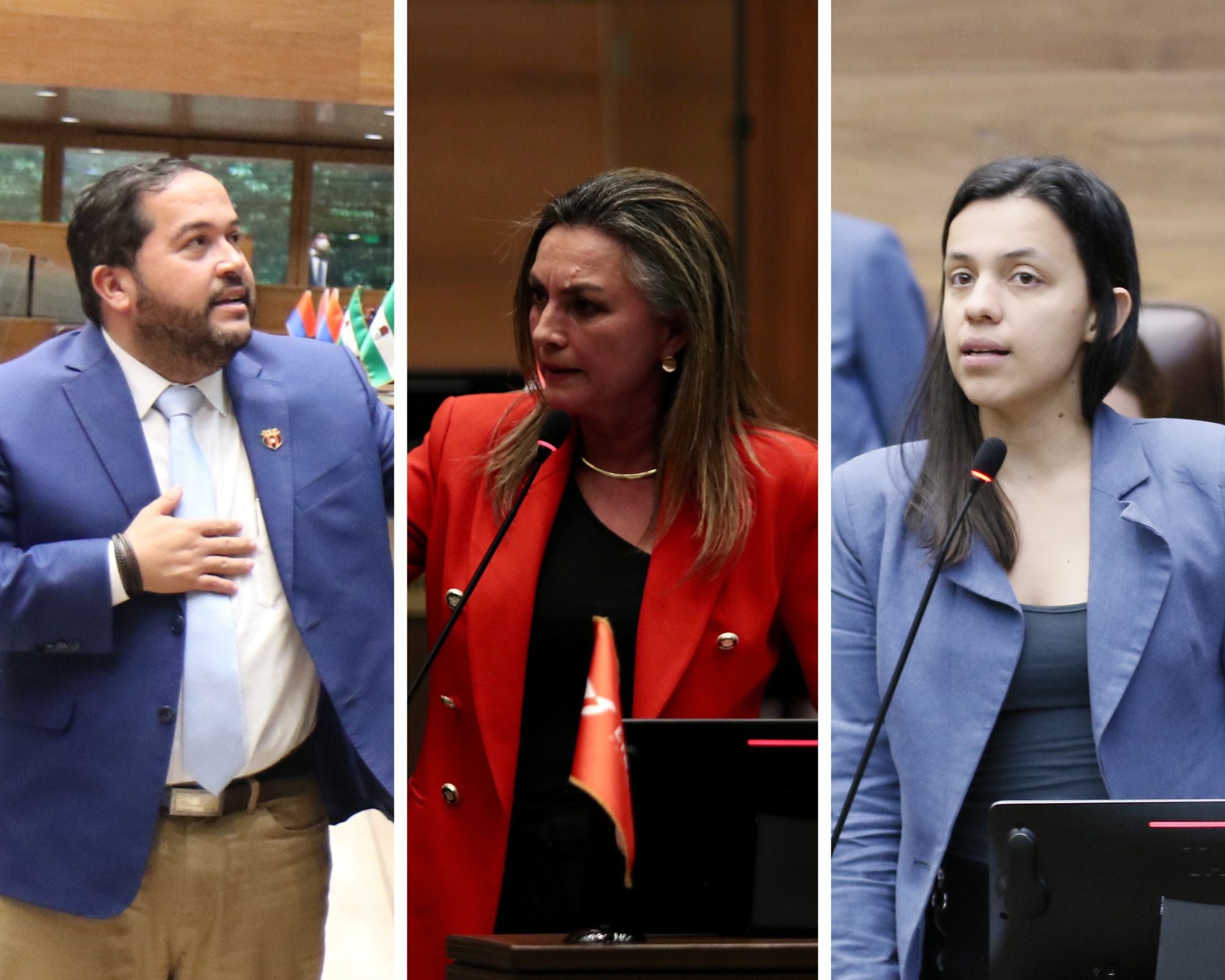 Danny Vargas, del PLN; Kattia Cambronero, del PLP, y Sofía Guillén, del FA, fueron algunos de los diputados que reaccionaron contra la declaración de Rodrigo Chaves. Fotos: Asamblea Legislativa.