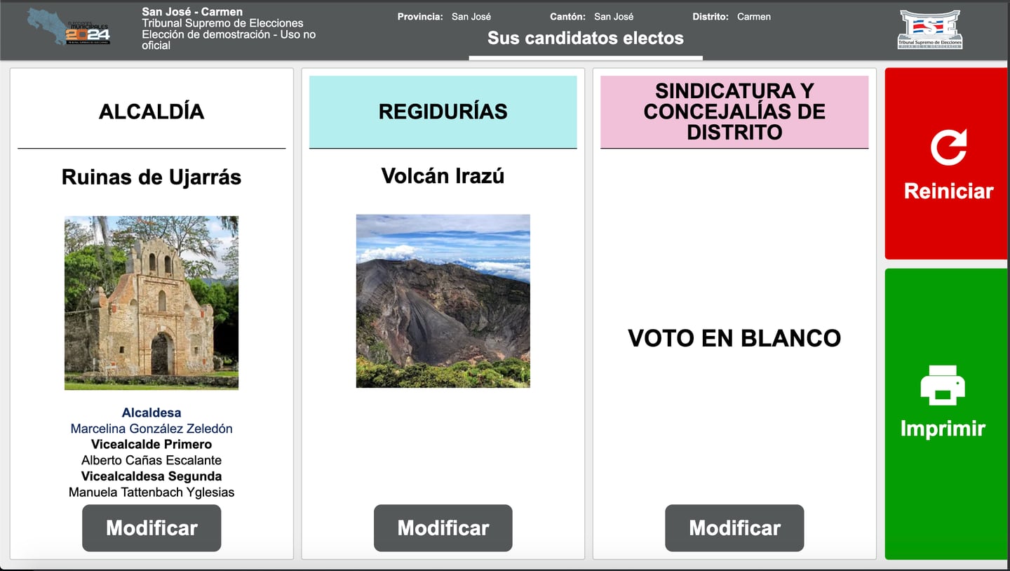 Las personas pueden verificar o modificar los criterios seleccionados durante el proceso de votación. Foto: Captura de pantalla TSE