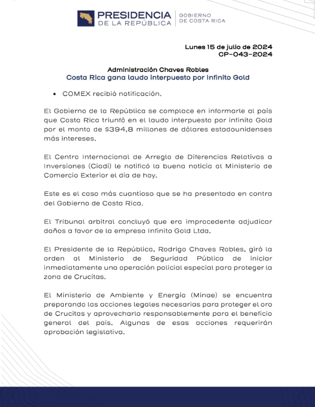 El comunicado sobre la decisión del Ciadi fue divulgado por Casa Presidencial la noche de este lunes 15 de julio. (Foto: Presidencia de la República)
