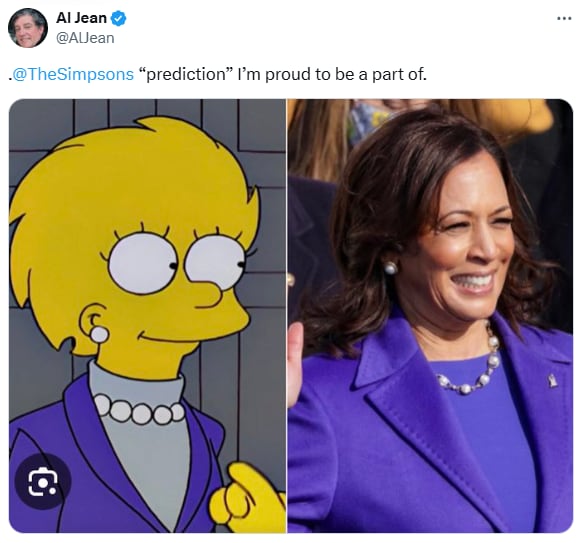 Al Jean, guionista de ‘Los Simpson’, expresó en redes sociales su orgullo por la sorprendente similitud entre el episodio del 2000 de la serie y la reciente candidatura presidencial de Kamala Harris.
