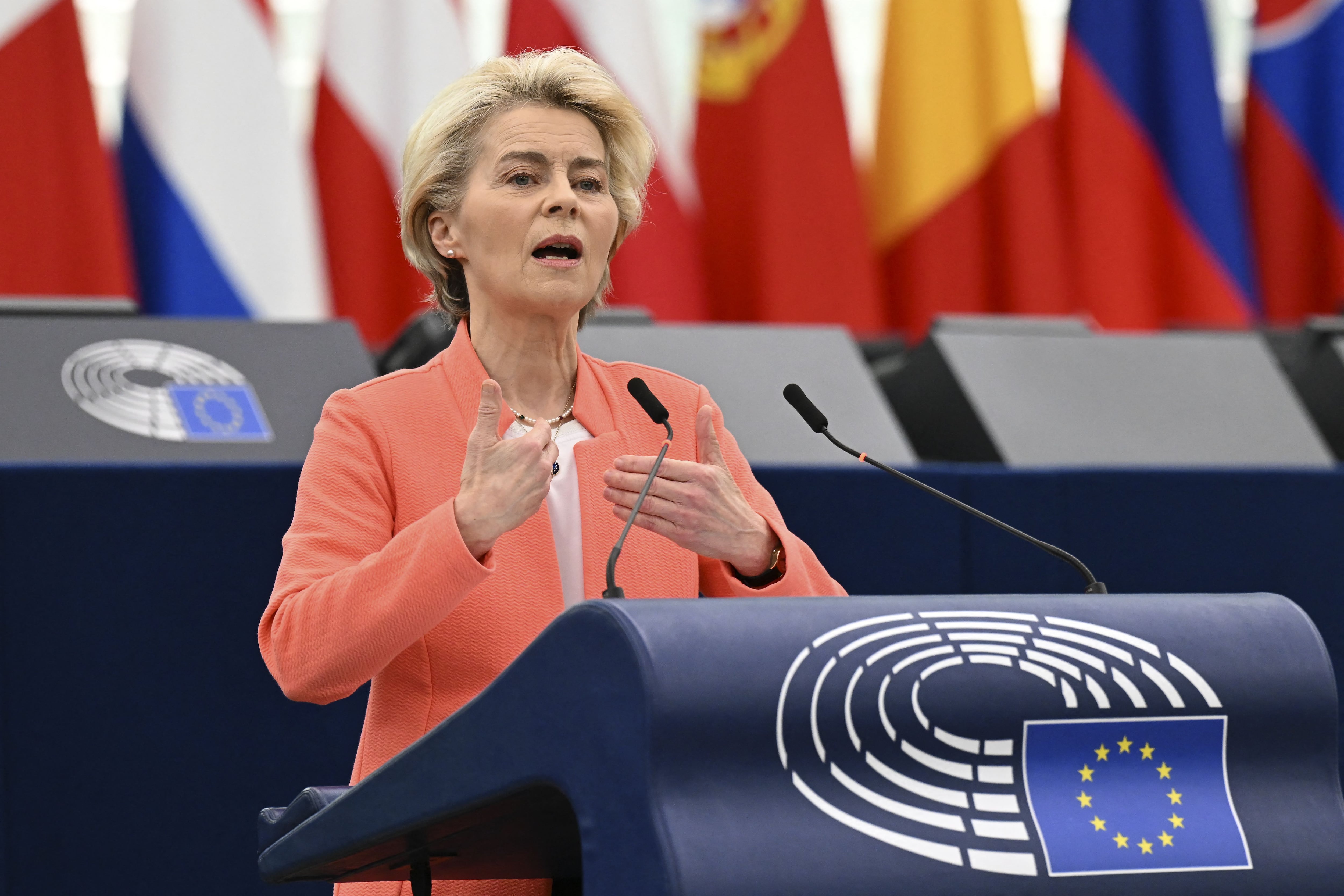 Ursula von der Leyen, presidenta de la Comisión Europea, asegura el apoyo de una coalición parlamentaria amplia tras su reelección. (Foto: Frederick FLORIN / AFP)