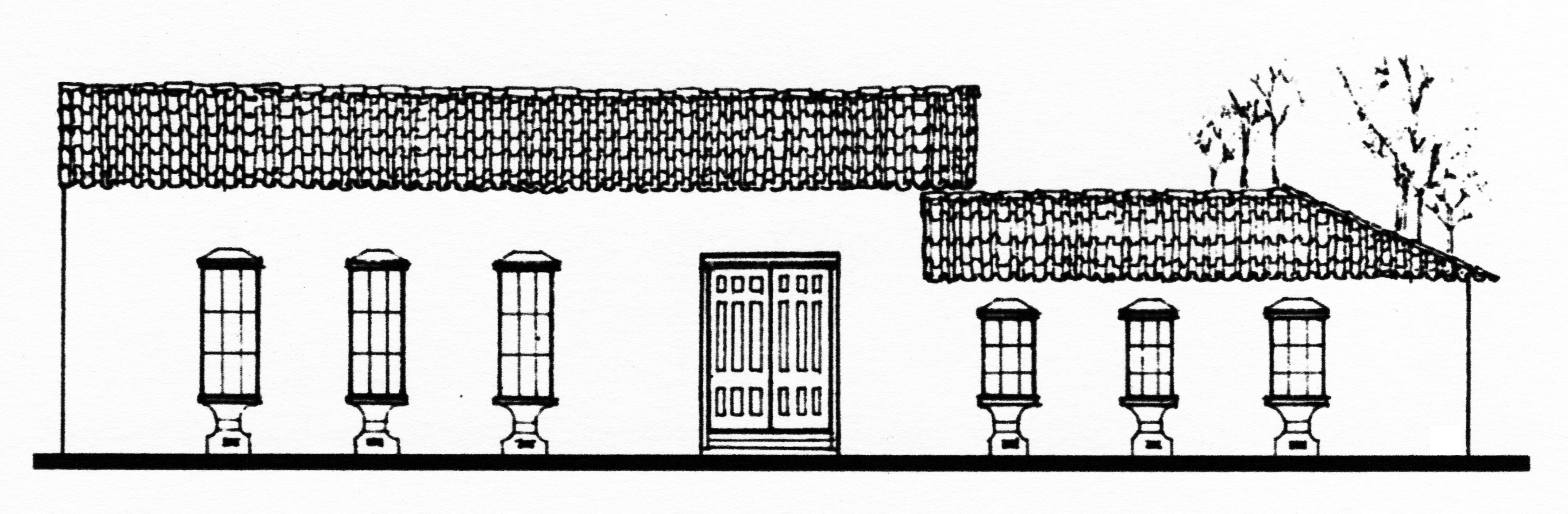 Fachada principal del edificio de la Factoría de Tabacos, ubicado en la esquina sureste del cruce de las actuales avenidas Central y calle 2. Interpretación y dibujo del arquitecto Edgar Cordero Cerdas.  