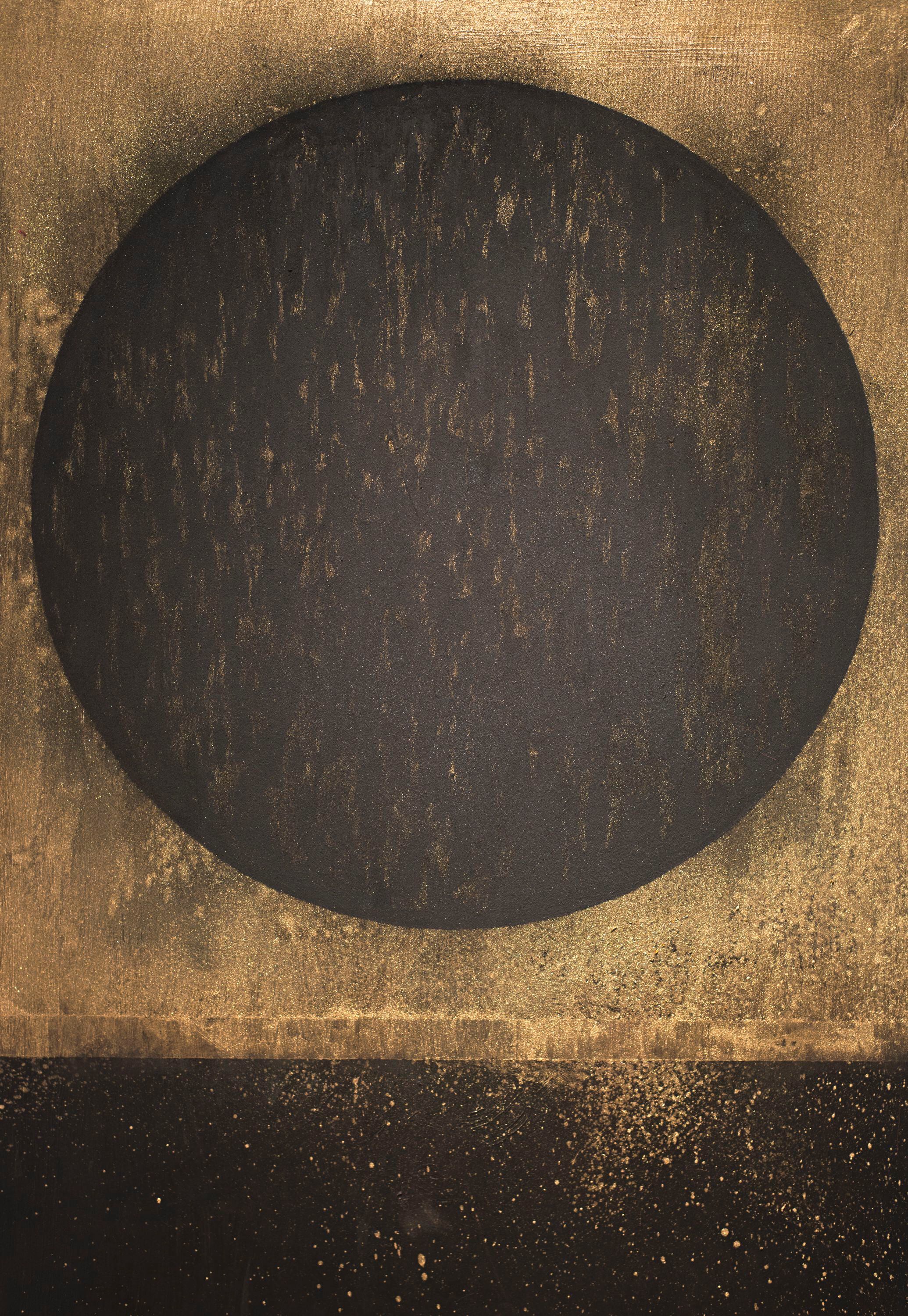 'Sol negro' (2020), de Osvaldo Orias, es una obra en acrílico y técnica mixta sobre lienzo, en que incluso se utiliza arena volcánica negra. Foto: Cortesía del artista.