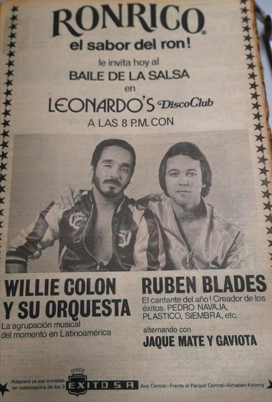 Este anuncio de periódico sirvió para promover un concierto que dio Rubén Blades en Costa Rica junto a Willie Colón, en los inicios de sus carreras. Foto: Archivo.