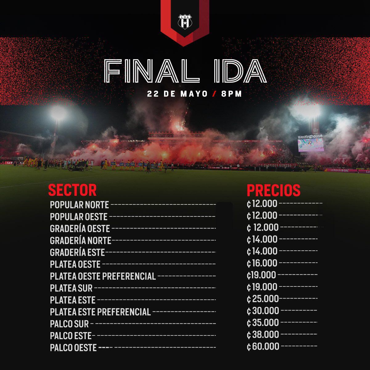 Estos son los precios para el partido de ida de la final de segunda fase entre Liga Deportiva Alajuelense y Saprissa.