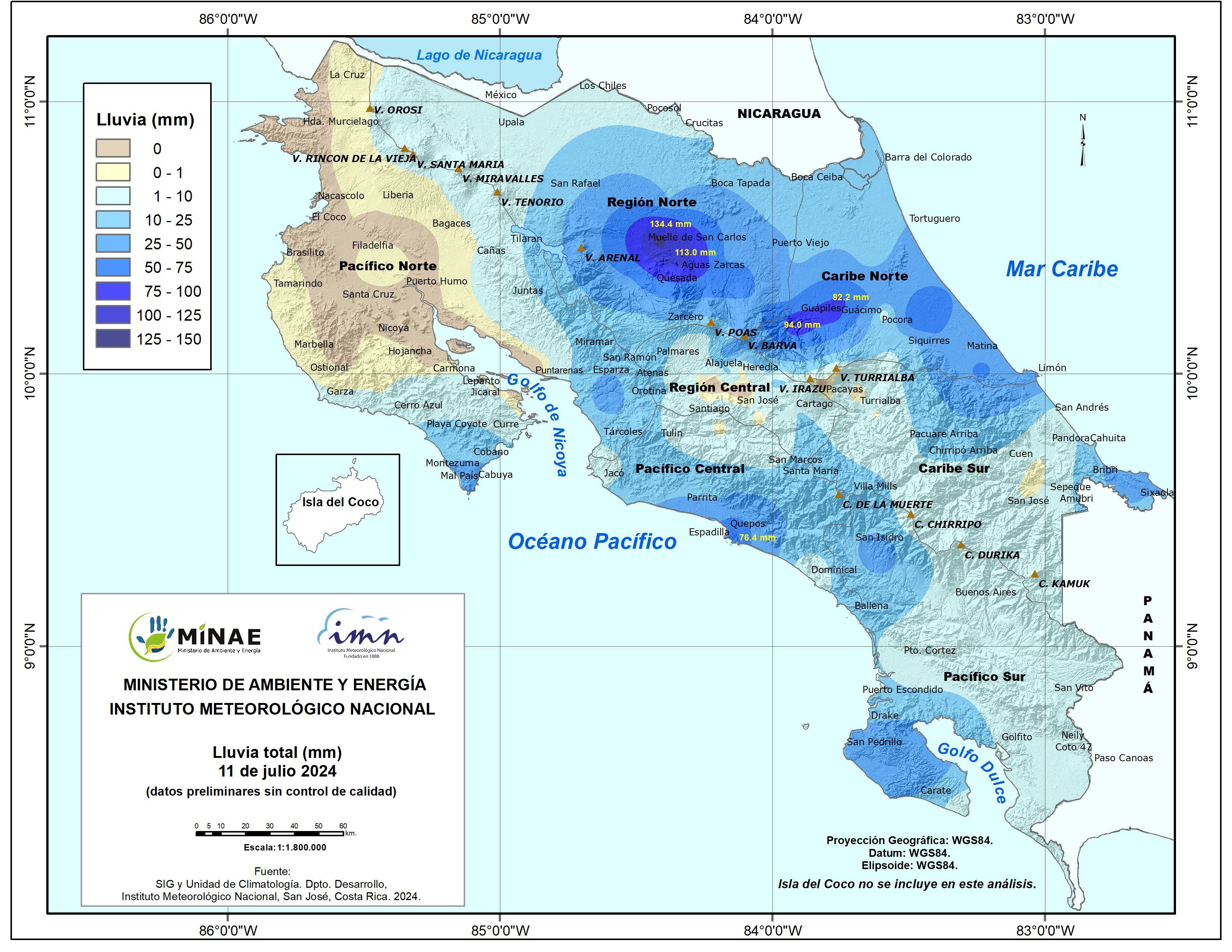 La tarde y noche de ayer los acumulados en San Carlos fueron de 134 mm. en Muelle y 113 mm en Aguas Zarcas, lo que desbordó los ríos y generó 88 emergencias. En Guápiles también llovió mucho. Imagen: IMN.