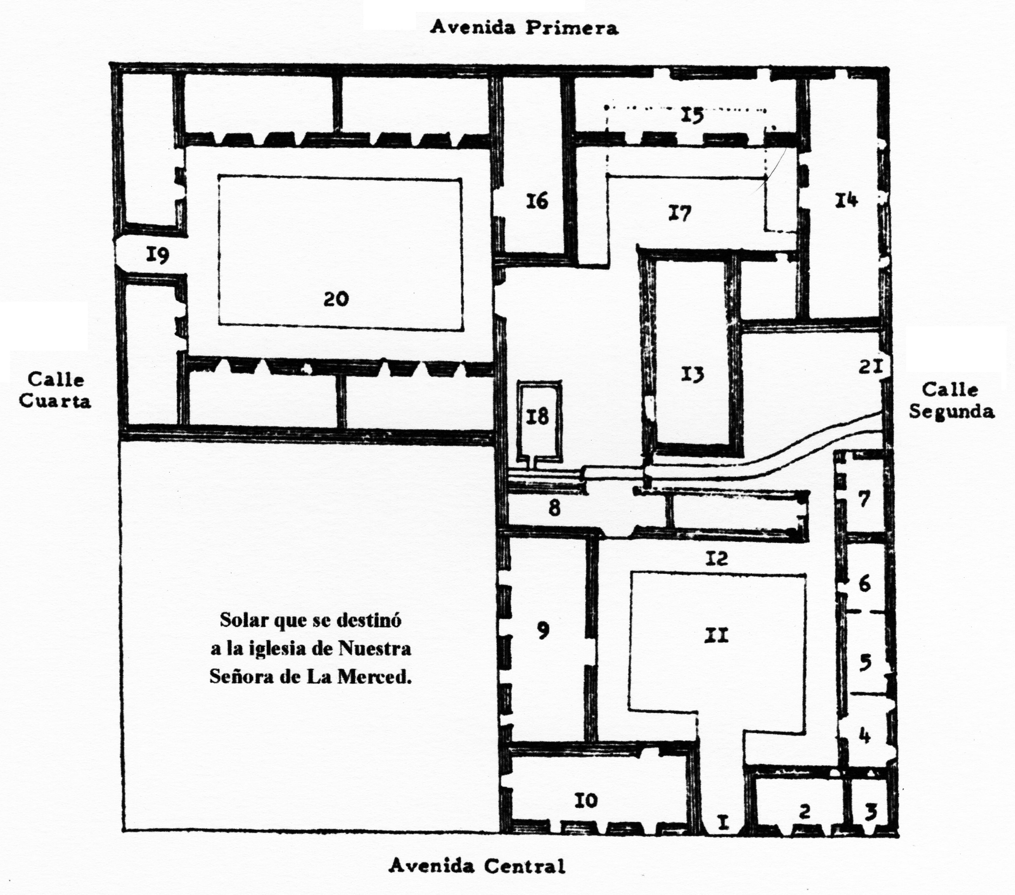 Plano de la Factoría de Tabacos y su explicación. A la derecha abajo, el edificio original. Dibujo de autor no determinado.