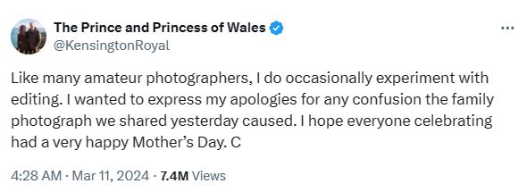 Kate Middleton, la Princesa de Gales, emitió una disculpa a través de la red social X.