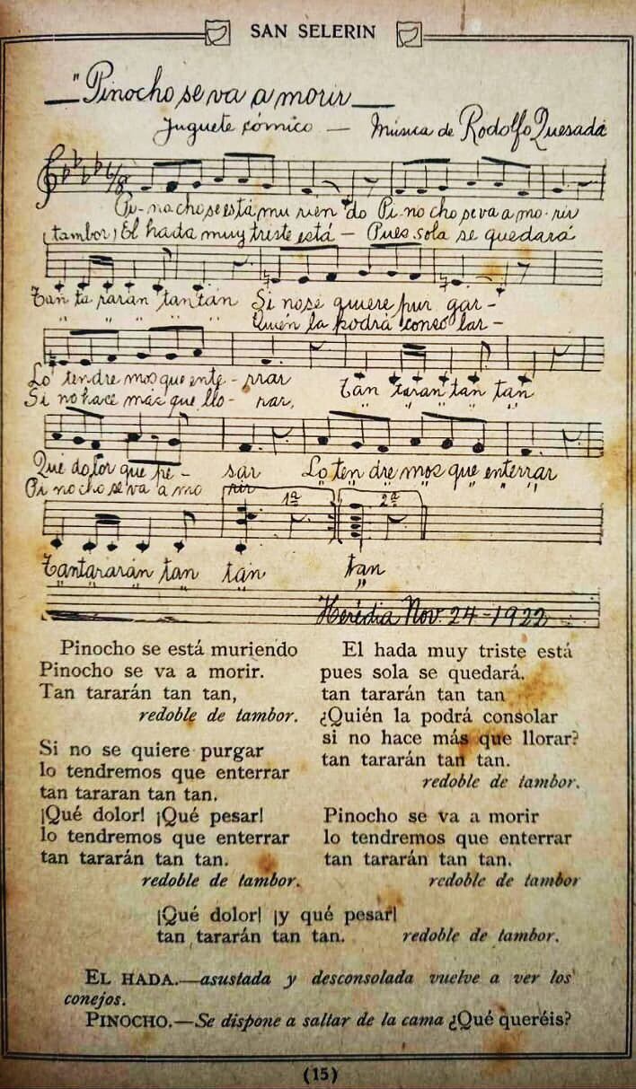 Partitura de Rodolfo Quesada para la obra «Pinocho enfermo», publicada en San Selerín, en 1923.