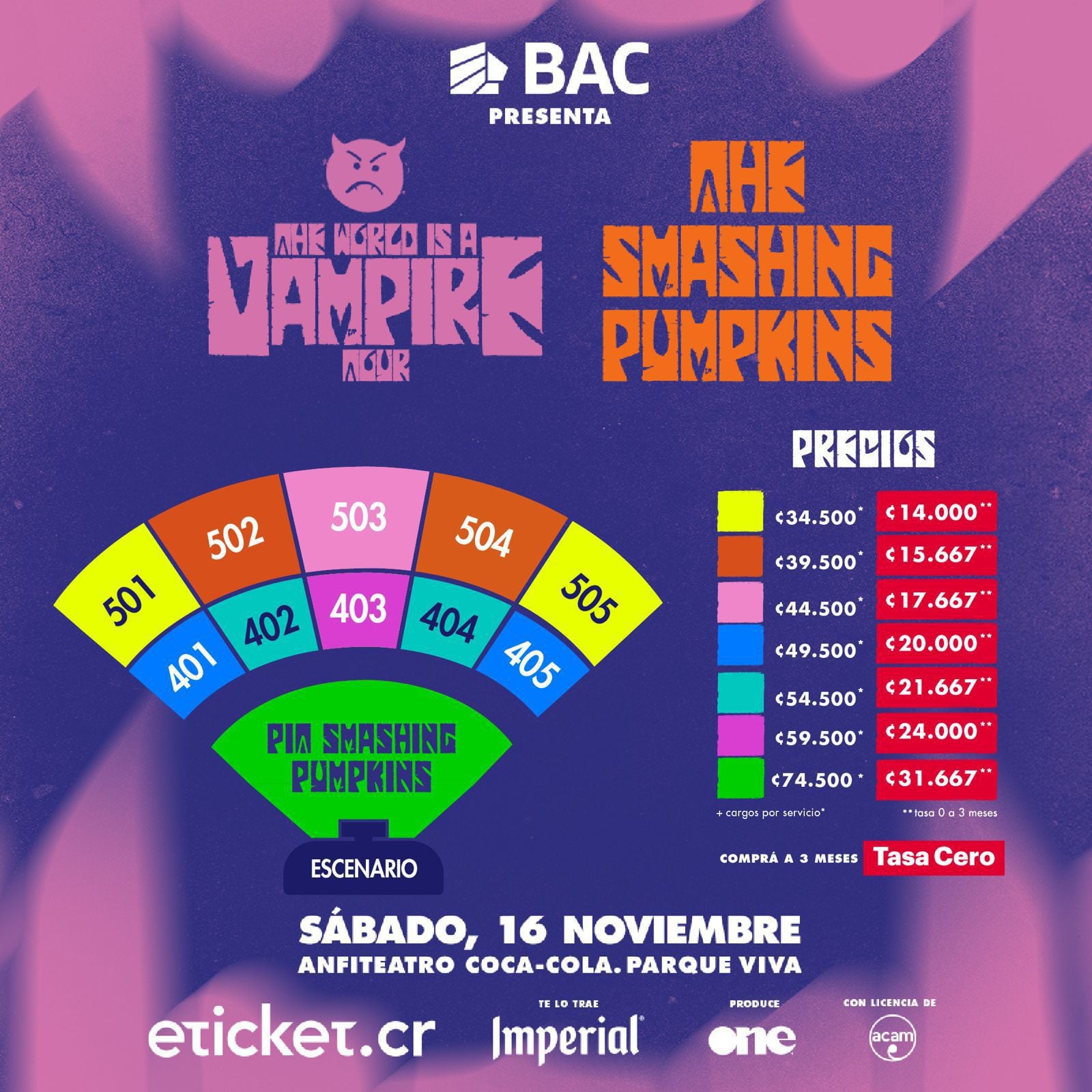Detalles de las localidades y precios de las entradas para el concierto de Smashing Pumpkins en Costa Rica.