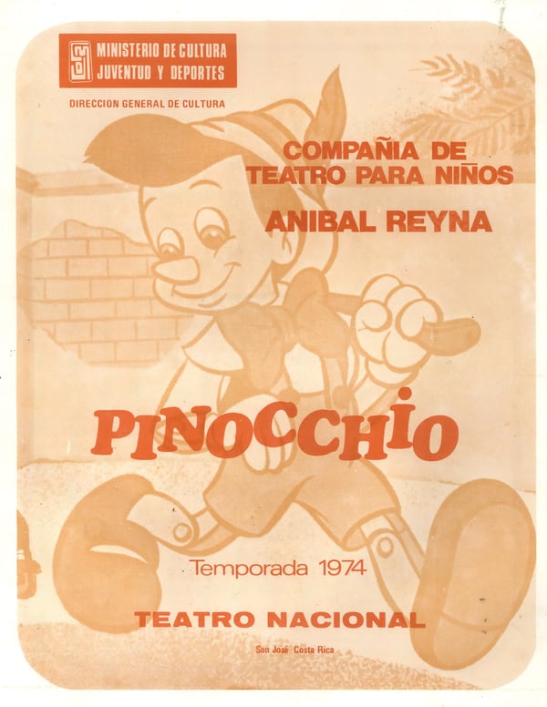Programa de mano de la obra «Pinocchio», de Compañía de Teatro para Niños Aníbal Reyna, Compañía Nacional de Teatro y Teatro Nacional, 1974.