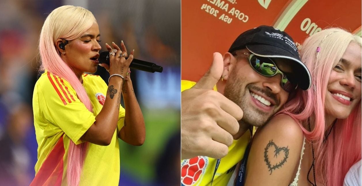 Karol G fue la encargada de entonar el himno de Colombia en la final de la Copa América. Luego de su presentación, estuvo en un palco junto a su pareja, el también colombiano Feid.Foto: AFP/ Instagram