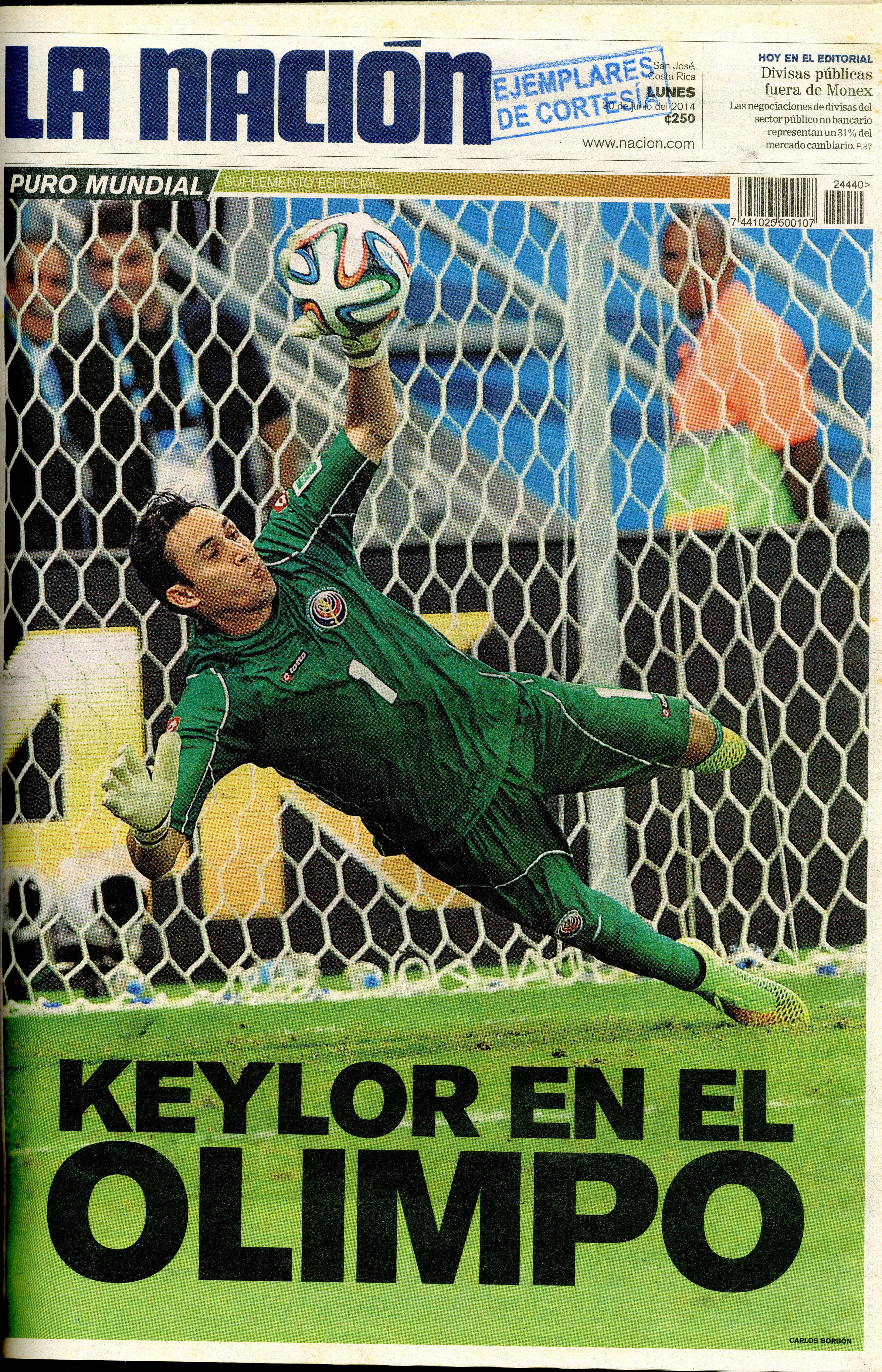 La Selección de Costa Rica clasificó a los cuartos de final del Mundial de Brasil 2014 y esta fue la portada de 'La Nación'.