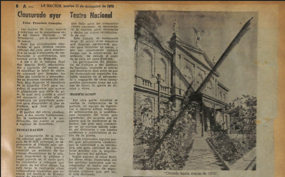 Recorte de 'La Nación' de 1973 que muestra los famosos rosales del Teatro Nacional. Cortesía del Teatro Nacional.
