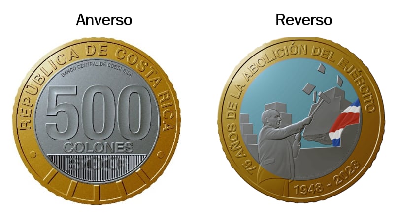 La moneda coleccionable del 75.° aniversario de la Abolición del Ejército se lanzó al público a partir del 4 de diciembre del 2023, en diferentes museos y entidades financieras del país.