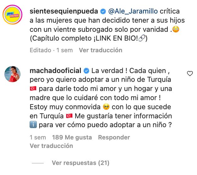 Alicia Machado manifestó su deseo de adoptar en un comentario de Instagram. 