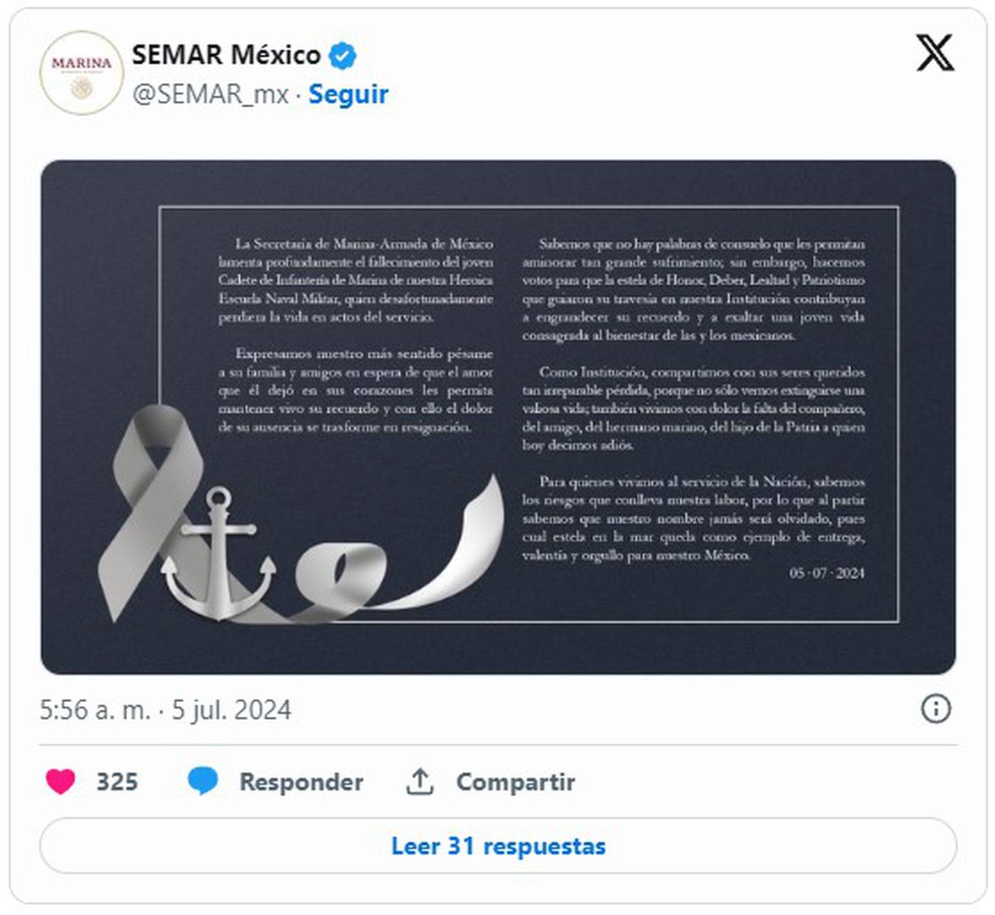 Mensaje de la Secretaría de Marina de México.