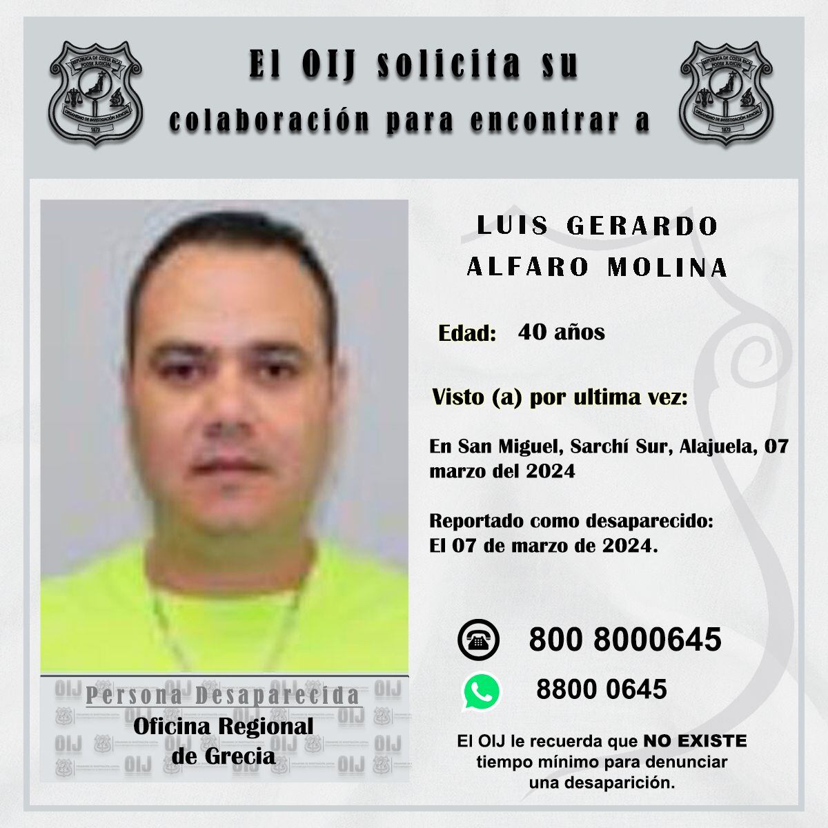 Luis Gerardo Alfaro, vecino de Grecia, era notificador del OIJ.