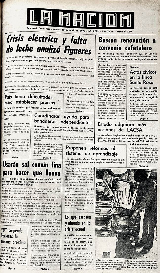 La Nación destacó en portada: Crisis eléctrica y falta de leche analizó Figueres.  