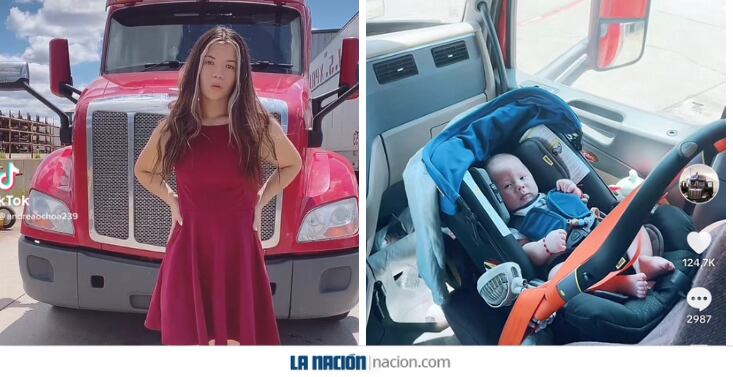 Andrea Ochoa, una trailera hondureña, se ha hecho viral en redes sociales por trabajar en su camión acompañada por su bebé de cinco meses, a quien ha asegurado lleva con todas las medidas de seguridad. Foto: Capturas de pantalla