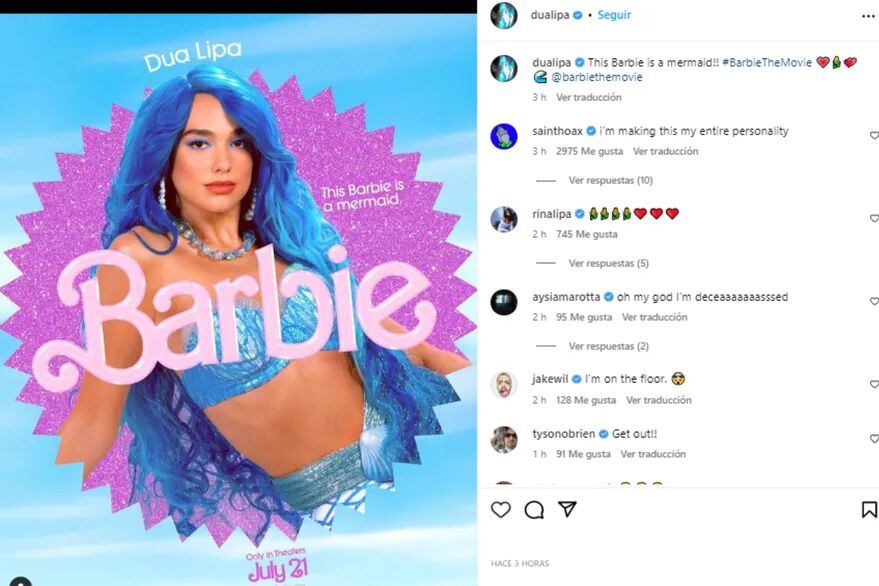 La cantante británica, Dua Lipa, interpretará a la Barbie sirena. 