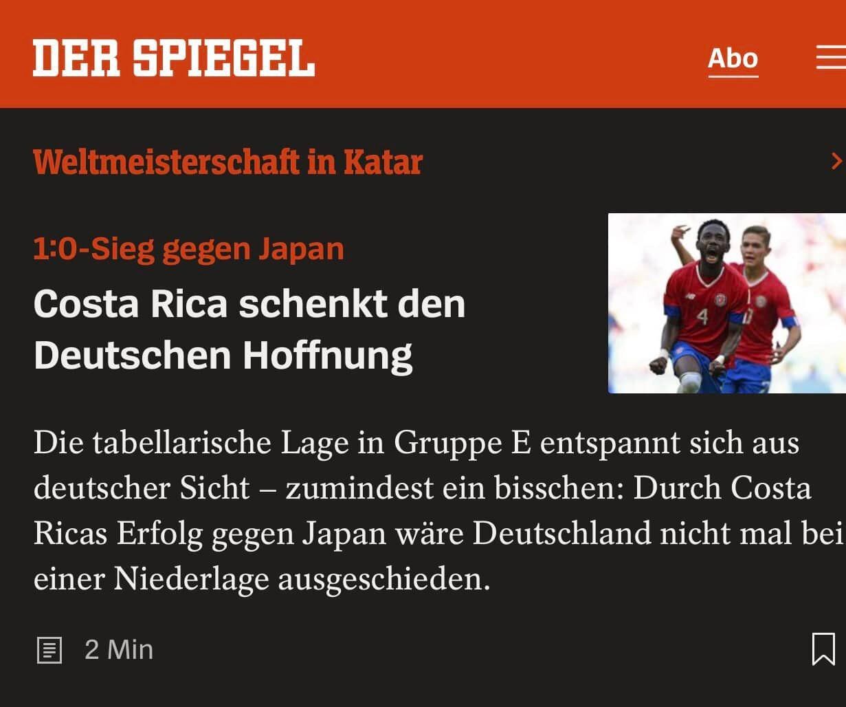 Der Spiegel de Alemania señaló  que el triunfo de Costa Rica le da esperanza a los alemanes.